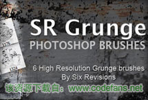 A thumbnail image that says S R grunge photoshop brushes 6 high resolution grunge brushes by six revisions.